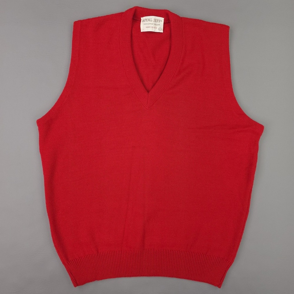 Vintage Royal Jeff Sweater Vest Mens Large Red V Neck Orlon Knit Pullover 80s